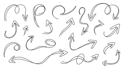 A collection of 20 hand drawn black arrows in various curvy and swirly shapes and sizes on white background for design and decoration