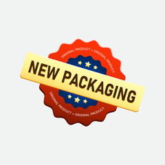 Obraz premium New Packaging Label Badge with Original Product Seal Design for Product Branding, Packaging Update, Retail and E Commerce Marketing, Isolated Vector Illustration