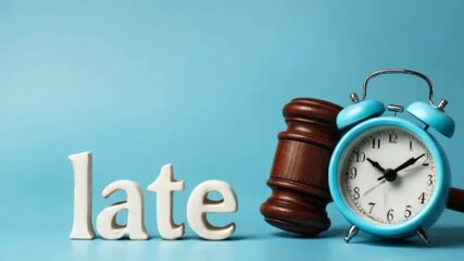 This video features the word "late" prominently displayed in three-dimensional white letters on a vibrant blue background. Positioned alongside the letters is a classic wooden gavel, commonly associat