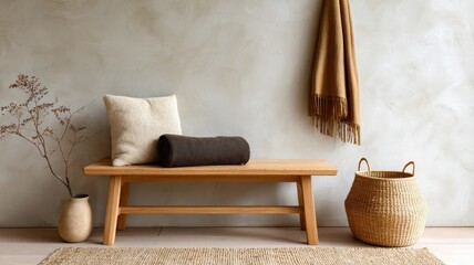 Scandi entryway with minimalist macram&eacute; tapestry, oak bench, woven basket, matte plaster wall, soft side light