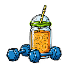 Smoothie jar beside dumbbells in vibrant colors representing health  