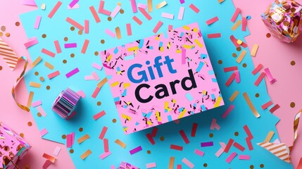 Colorful gift card with confetti on a blue and pink background during a celebration event