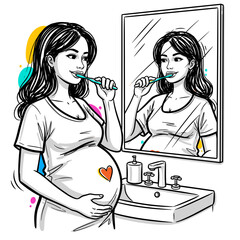 Pregnant woman brushing her teeth and holding stomach in bathroom  