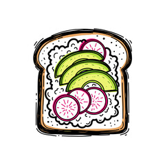Cottage cheese toast with avocado and radish on a slice of bread  