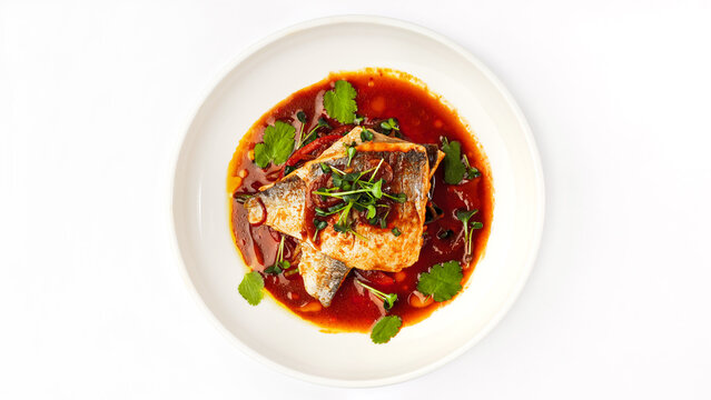 Top view of roasted dorado fish fillet in rich tomato sauce with fresh herbs isolated on white background