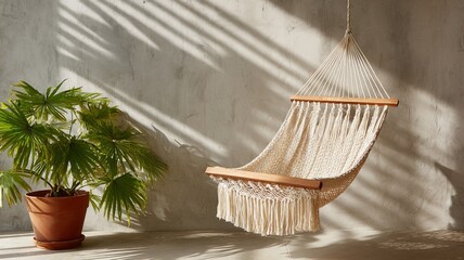 macram&eacute; hammock chair in sunlit corner, shadow of palm leaves on wall, serene relaxation vibe