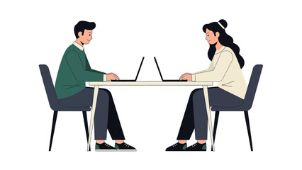 professional team collaboration in an office setting with two colleagues working on laptops across