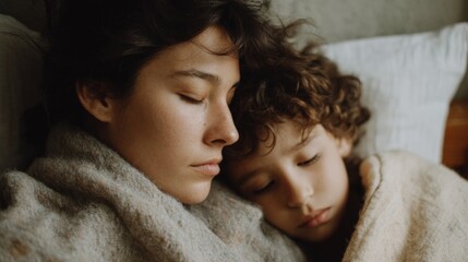 Mother and her young son sleeping together on a bed. the mother is on the left side of the image, with her eyes closed and her head resting on the pillow.