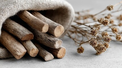 wooden dowels and driftwood sticks bundle, natural patina, styled on linen cloth