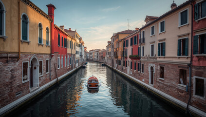 Serene canal boat between colorful historic buildings at sunset