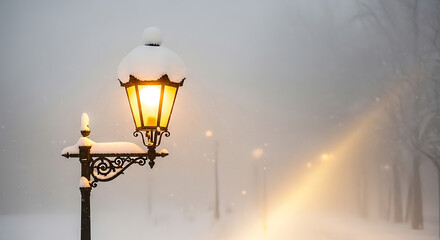 A lone vintage lamppost, adorned with freshly fallen snow, casts a comforting golden glow through the cold winter fog, illuminating a peaceful, snow-blanketed path during a serene evening