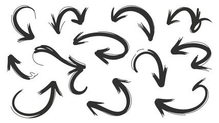 A set of ten sketch style black arrows on white background for design and direction indication