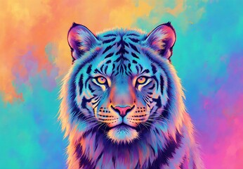 Dynamic Striking Neon Popart Tiger Headshot with Whiskers Ears Saturated Iridescent Palette Intense Gaze