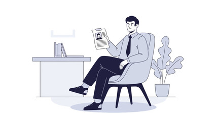 Fototapeta premium Professional man seated in office chair holding a resume or CV while working at desk with books