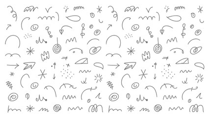 A large collection of hand drawn doodle elements including arrows, swirls, stars, and abstract shapes on white background for design