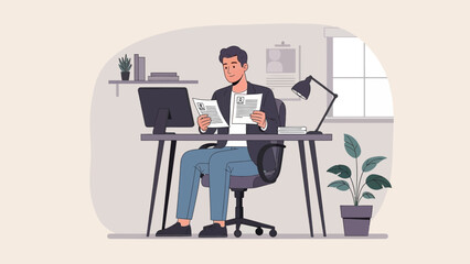 Fototapeta premium Professional man working at his modern office desk with documents and computer in a bright workspace