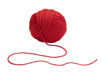 Red yarn ball with thread on black wool isolated on a transparent background