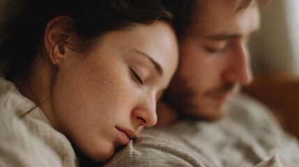 Close-up of a young couple sleeping together. the woman is on the left side of the image, with her eyes closed and her head resting on a pillow.