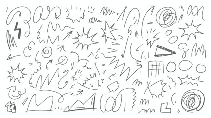 An expressive doodle composition made of various hand drawn shapes and lines on a white background for design elements