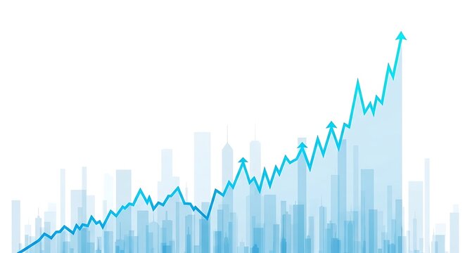 A rising blue line graph showing upward trend and growth over a cityscape background, representing financial success and economic progress - Powered by Adobe