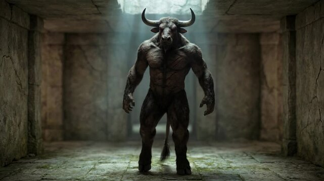 A formidable minotaur stands defiantly in a weathered, stone labyrinth, with imposing physique and piercing gaze, it conveys a sense of strength.