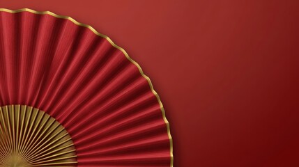 Red Folding Fan with Gold Edging on Deep Red Background for Cultural and Artistic Decor