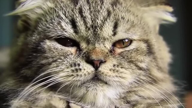 Close-up of a grumpy tabby cat with folded ears, looking directly at the camera with a serious expression.