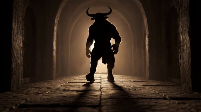 The silhouette of a formidable minotaur stands defiantly at the entrance to a mysterious ancient structure. The dark, ominous atmosphere enhances the creature's formidable presence.