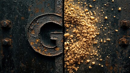 Rusty metal surface with sugar pile on one side and letter carved in the center