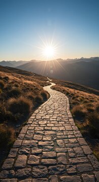 A winding stone path stretches toward distant mountains under a bright sun, symbolizing a spiritual quest and the long journey ahead ,tradition ,belief ,rustic