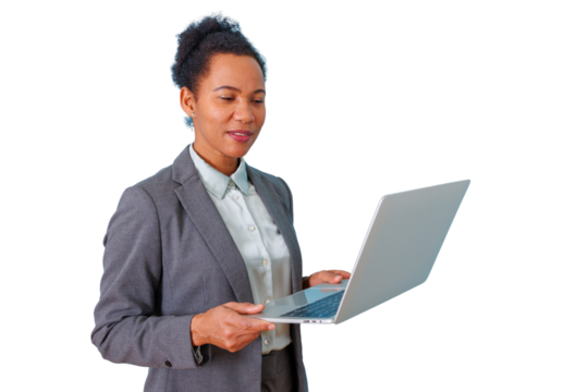 Business executive standing, holding modern laptop, working remotely, browsing business applications, transparent background - Powered by Adobe