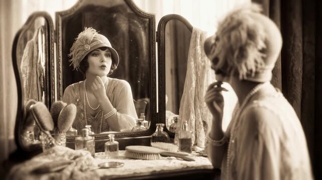 A vintage woman's timeless morning ritual captured in a mirror reflection, embracing the elegance and sophistication of a bygone era.