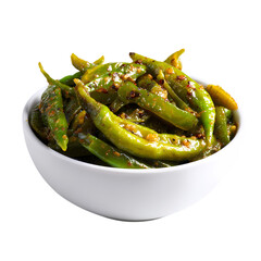 Fresh Shishito Peppers in Ceramic Bowl Garnished with Chili Flakes isolated on transparent background
