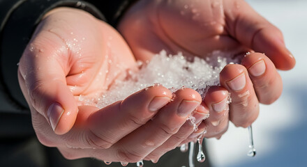 Close-up of hands holding melting snow with water dripping onto the surface