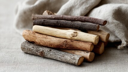 wooden dowels and driftwood sticks bundle, natural patina, styled on linen cloth