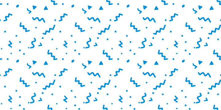 Minimalist Memphis style seamless pattern with blue squiggles and triangles on white background vector.