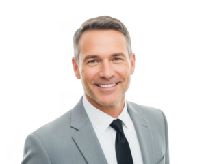 Smiling middle-aged businessman in a grey suit and black tie, posing confidently against a clean white background. isolated on transparent background
