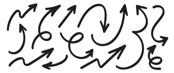Hand drawn arrows in various directions on white background for graphic design