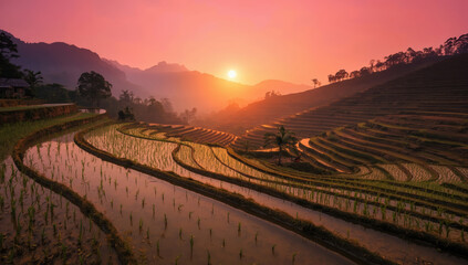 Sunrise rice terrace terraced field paddy field mountain reflection water sunrise mist palm