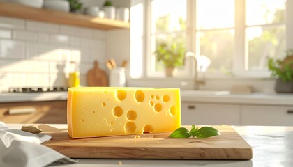 Delicious Swiss Cheese on Countertop for Swiss Cheese Day Promotion in Bright Scandi Style Kitchen