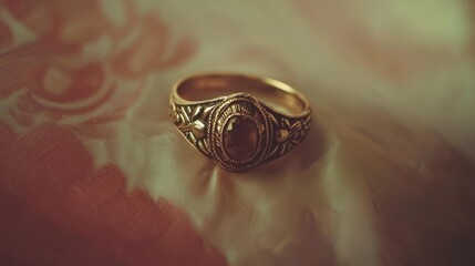 Ring with detailed design placed on soft fabric with floral pattern in a well-lit setting during daytime
