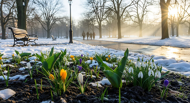 First blooms of spring pushing through melting snow in a tranquil park, bathed in the soft glow of a winter morning sun, symbolizing new beginnings