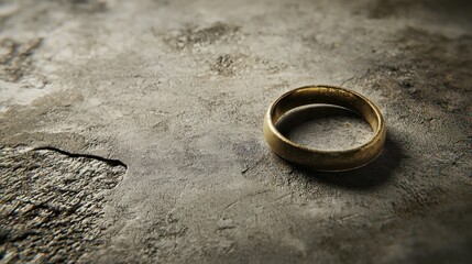 Gold ring resting on a rough surface with shadows showing its texture and shape
