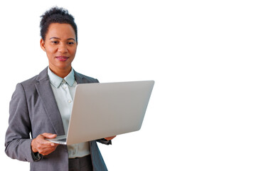 African american businesswoman communicating and working with a laptop, sharing information, transparent background