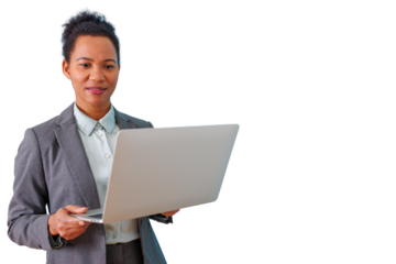African american businesswoman communicating and working with a laptop, sharing information, transparent background
