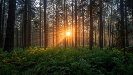 Obraz premium Sunrise forest fern sunlight rays morning mist peaceful mood