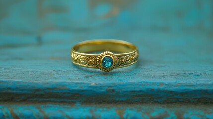 Golden ring with blue stone on a blue wooden surface in bright light during the day