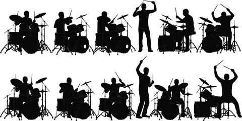 Drummer silhouettes, drum set icons, music performance vector, percussion illustration, musician design, concert graphics, rhythm symbol, black and white set