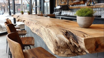 bar, natural wood table, instructional vibe