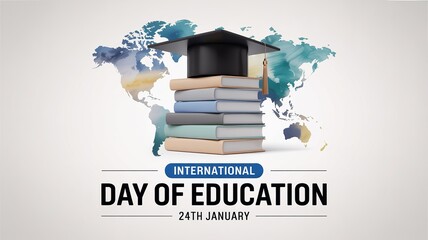 International Day of Education Illustration with Graduation Cap, Books and World Map